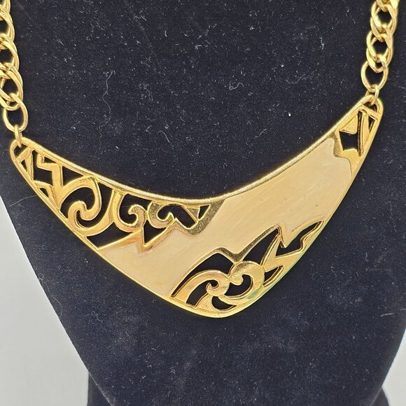 Vintage Gold-Tone Statement Necklace Filigree Enamel Design Chain - Picture 6 of 6